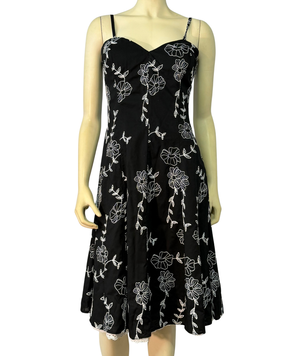WHBM Sz 10 Retro Midi Sundress Sweetheart Neck Black Cotton White Embroidery
